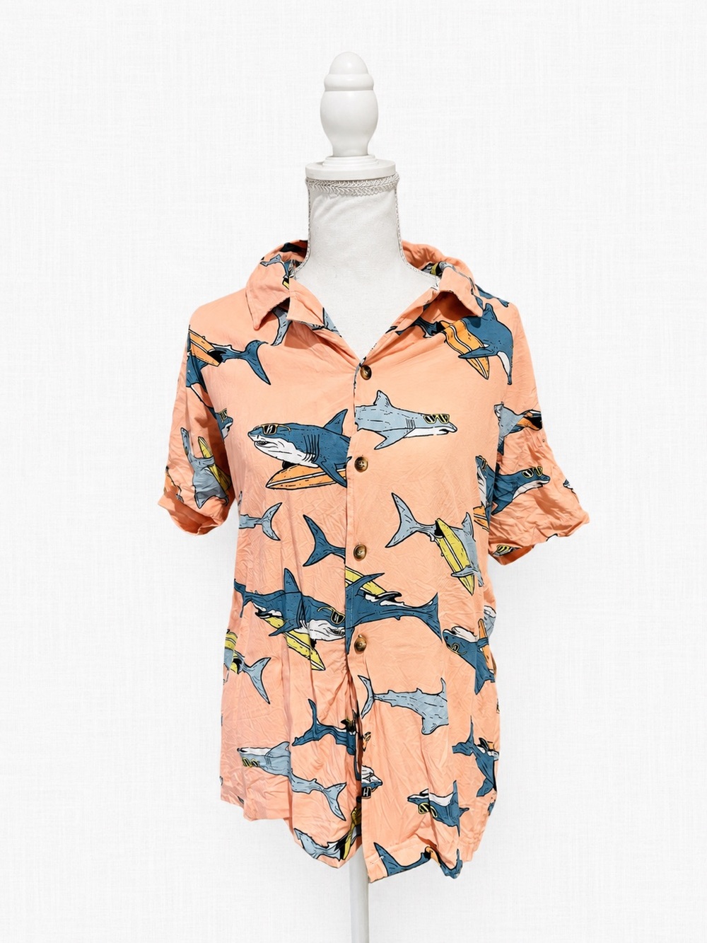 Islandhaze Peach Button-Up Shirt with Blue Shark Print